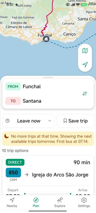 Screenshot of the Madeira Bus app showing journey options from Funchal to Santana, with a notice that there are no more buses tonight and when the first one leaves tomorrow.